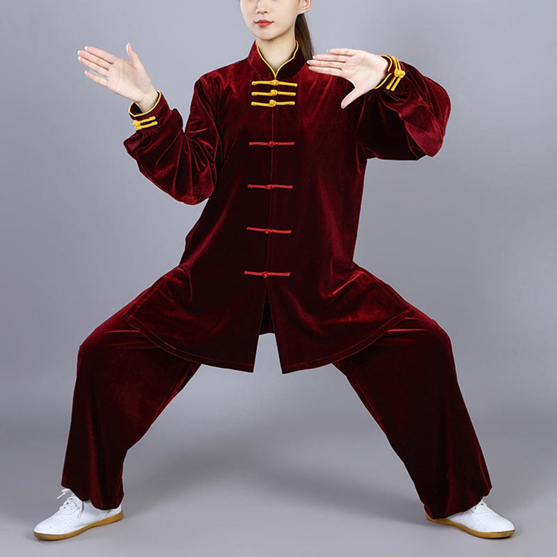 2Pcs Fall Winter Tai Chi Qigong Practice Unisex Frog-Button Meditation Velour Clothing Set