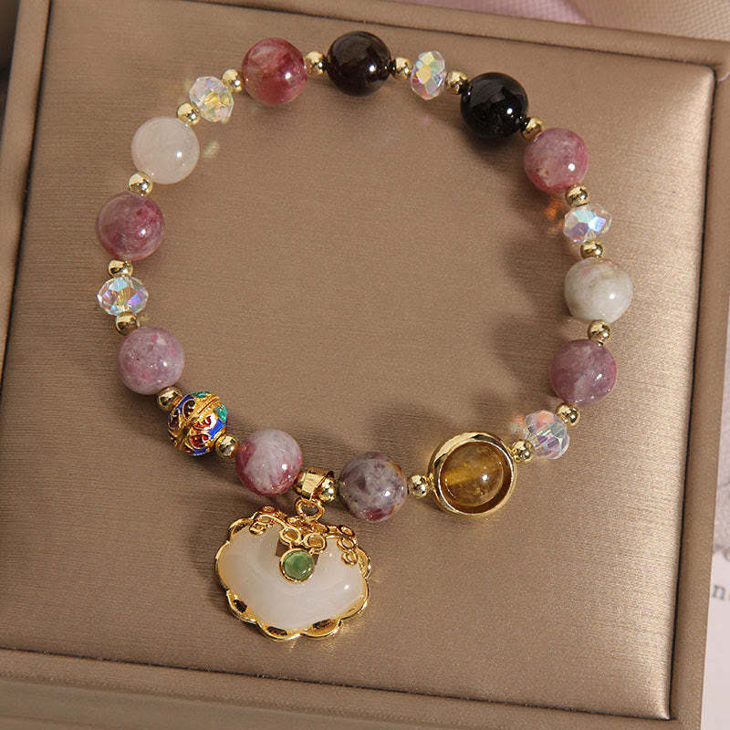 Strawberry Quartz Green Crystal Amethyst Healing Chinese Lock Charm Bracelet
