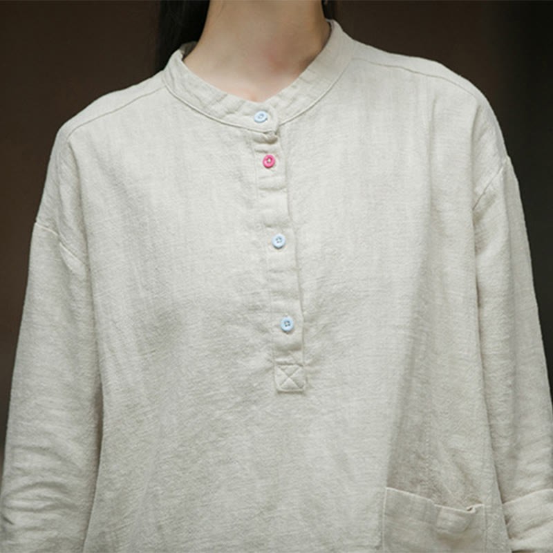 Solid Color Long Sleeve Ramie Linen Half Button Women's Shirt