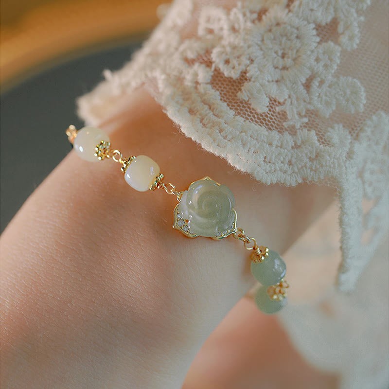 14K Gold Plated Hetian Jade Rose Flower Luck Chain Bracelet