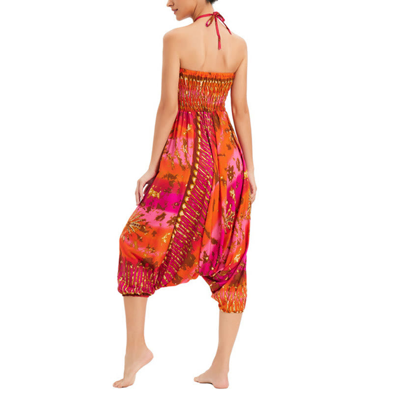 Two Style Wear Gradient Colorful Loose Smocked Harem Trousers Jumpsuit High Waist Pants
