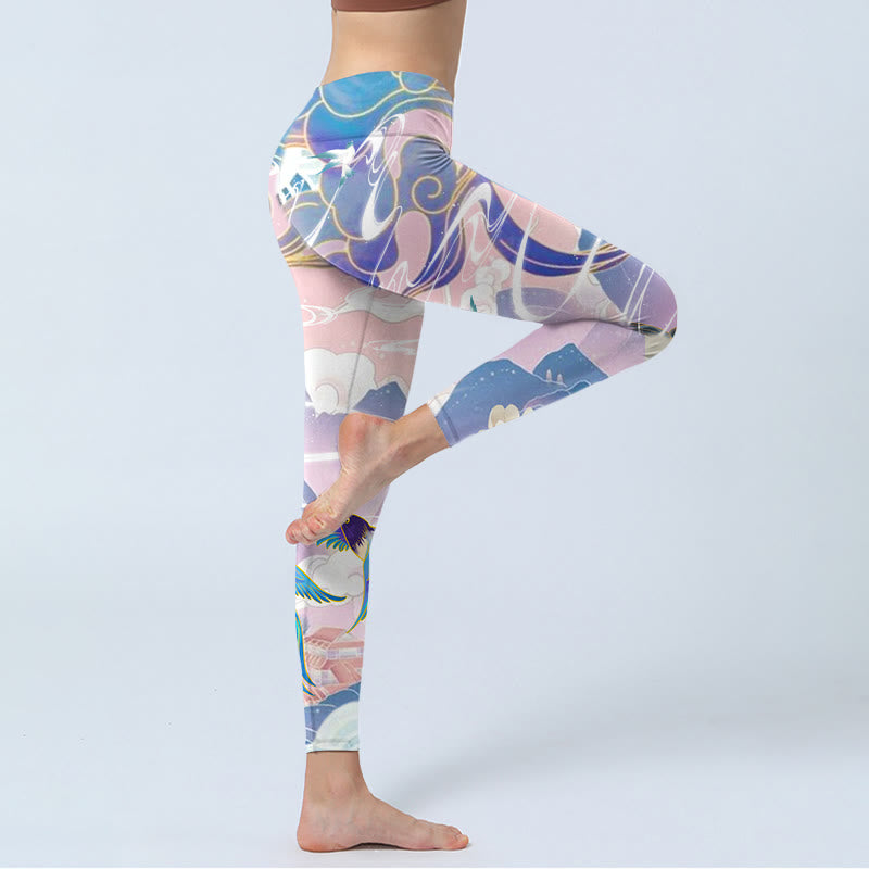 Swallow Magpie Flower Mountain Auspicious Clouds Print Gym Leggings Women's Yoga Pants