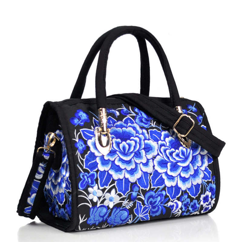 Money Tree Peony Camellia Double-Sided Embroidery Canvas Shopping Purse Handbag Crossbody Bag