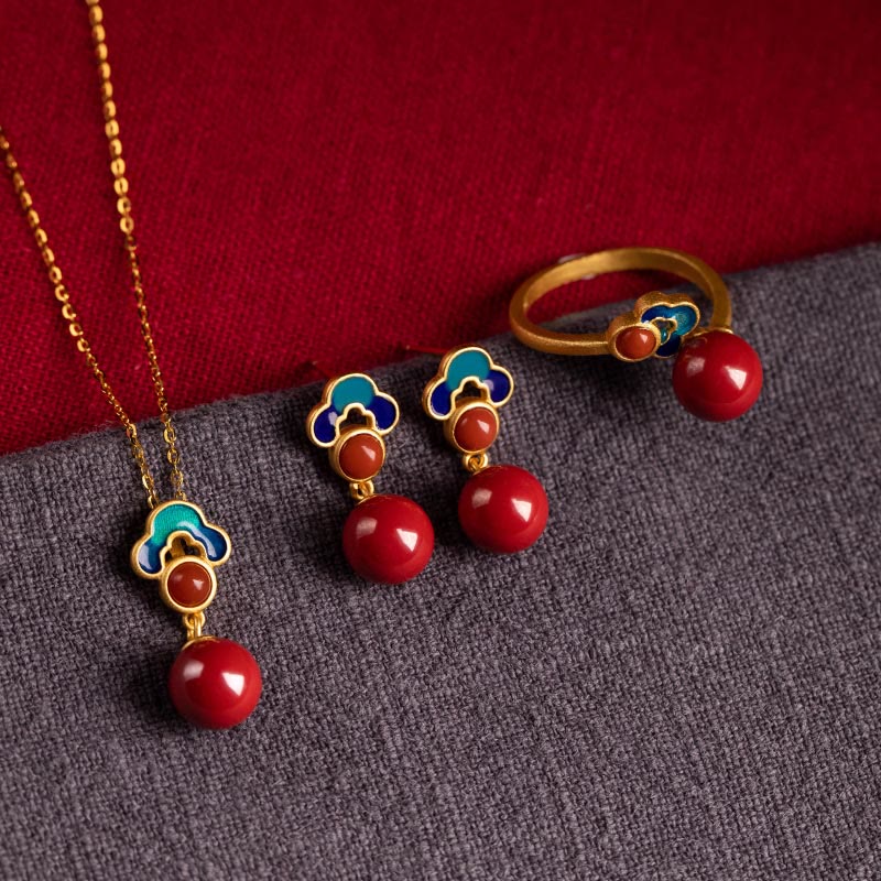 925 Sterling Silver Plated Gold Cinnabar Red Agate Blessing Necklace Pendant Earrings Ring Set