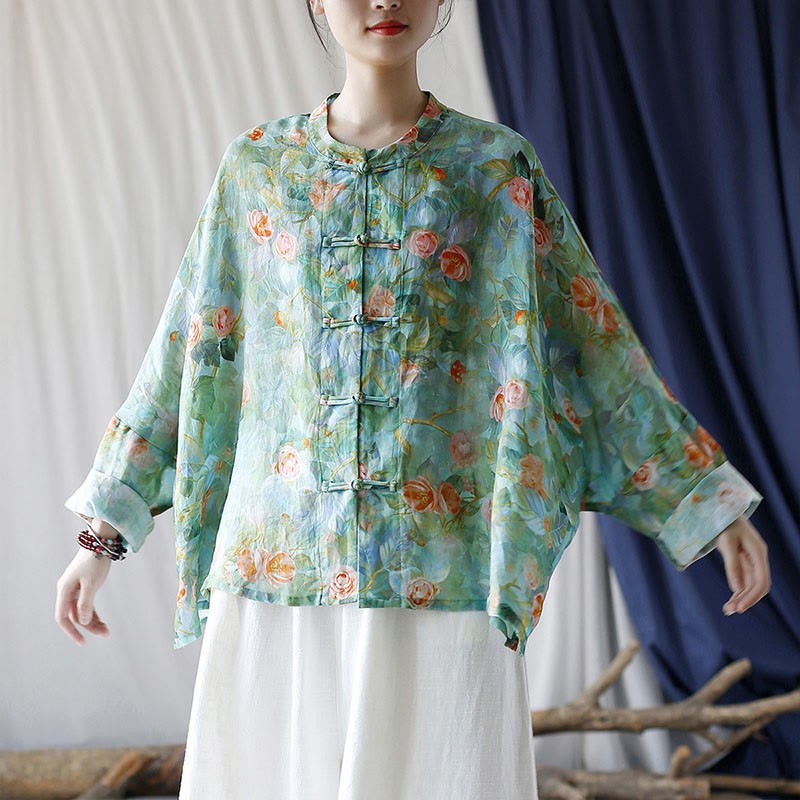 Pink Flowers Green Leaves Print Frog-button Design Long Sleeve Ramie Linen Jacket Shirt