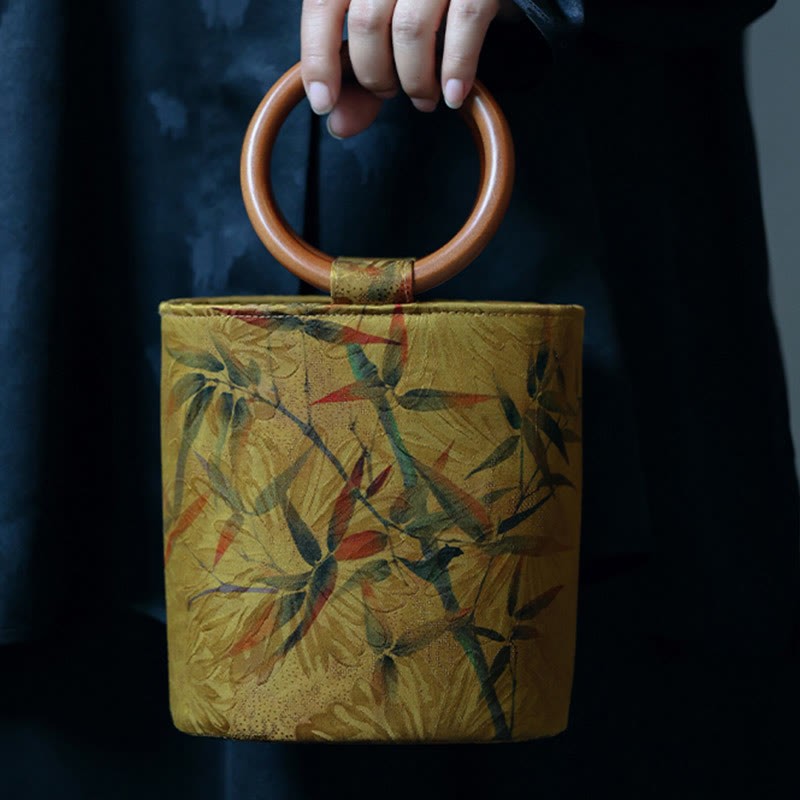 Bamboo Leaf Butterfly Cherry Blossom Persimmon Wood Handle Handbag