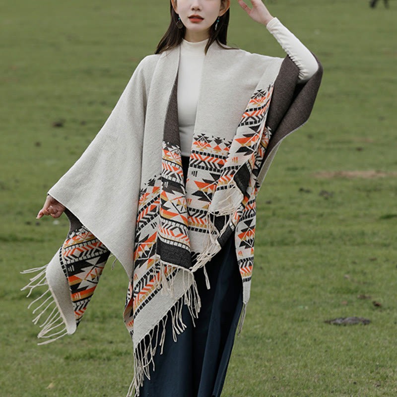 Tibetan Geometric Rhombus Pattern Tassels Shawl Fall Winter Warm Cozy Scarf Wrap