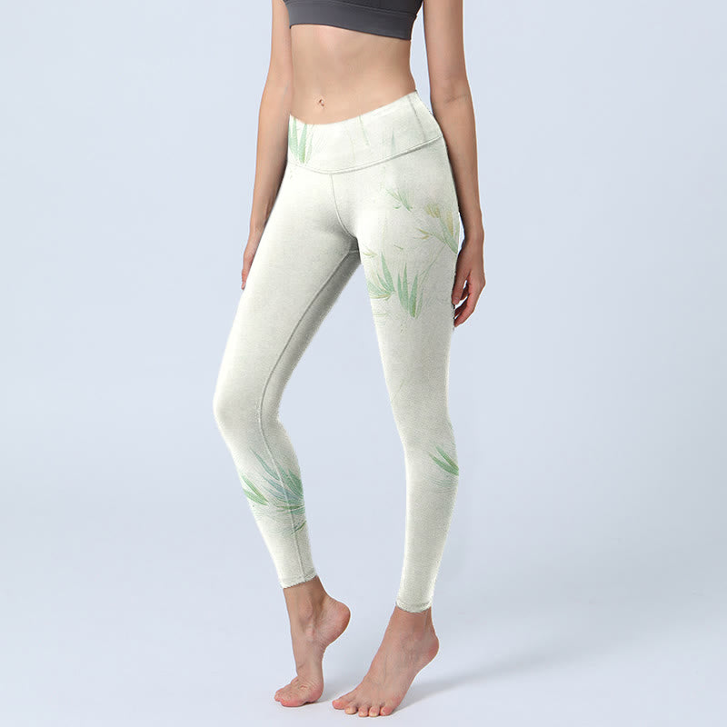 Green Bamboo Leaves Print Sports Leggings Women's Yoga Pants