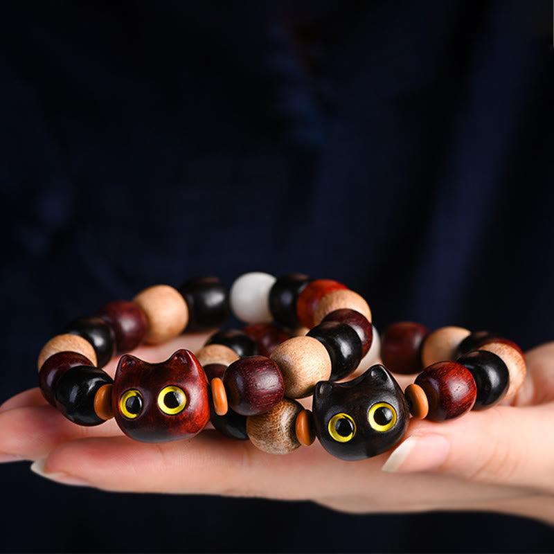 Small Leaf Red Sandalwood Ebony Wood Cute Cat Engraved Protection Bracelet