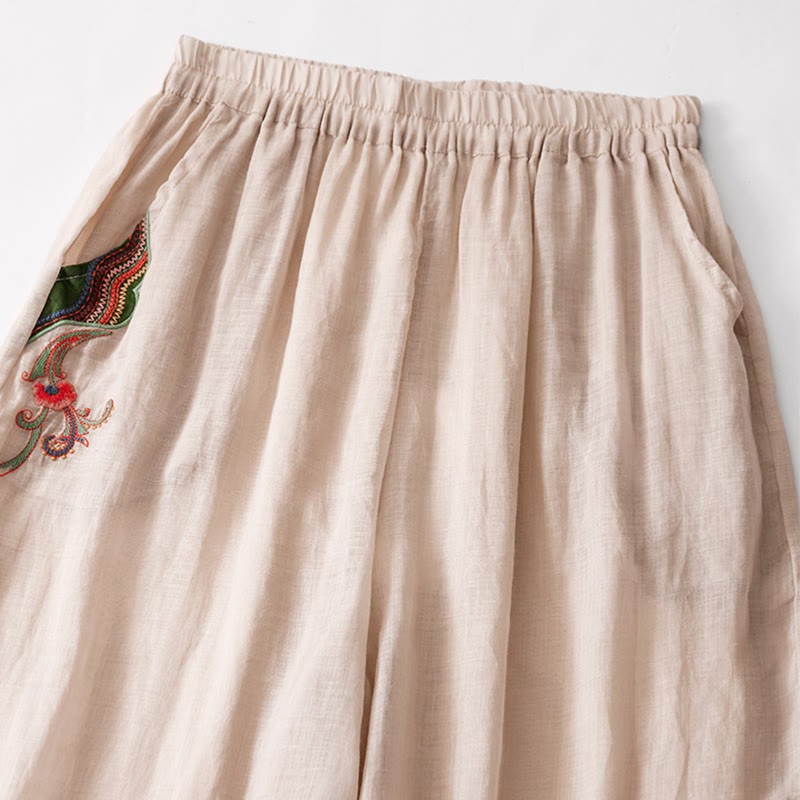 Summer Embroidery Double Layer Cotton Linen Women's Wide Leg Pants With Pockets