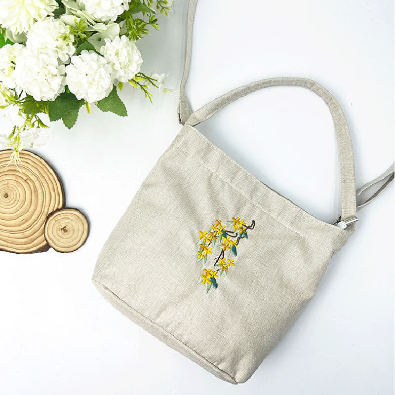 Embroidery Wisteria Plum Lotus Cherry Blossom Cotton Linen Canvas Tote Crossbody Bag Shoulder Bag Handbag