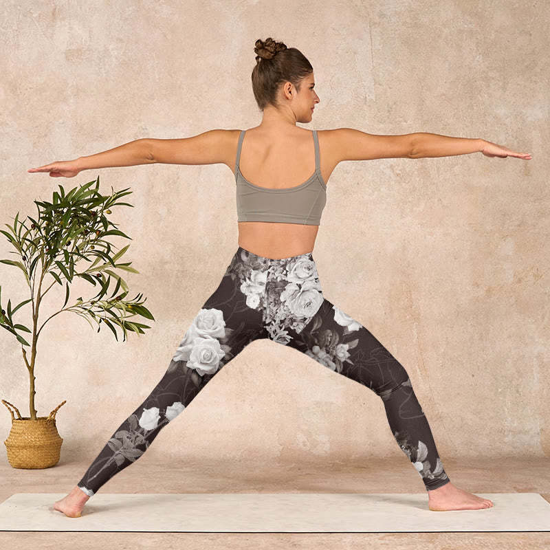 Gray White Rose Print Gym Fitness Leggings Women's Yoga Pants