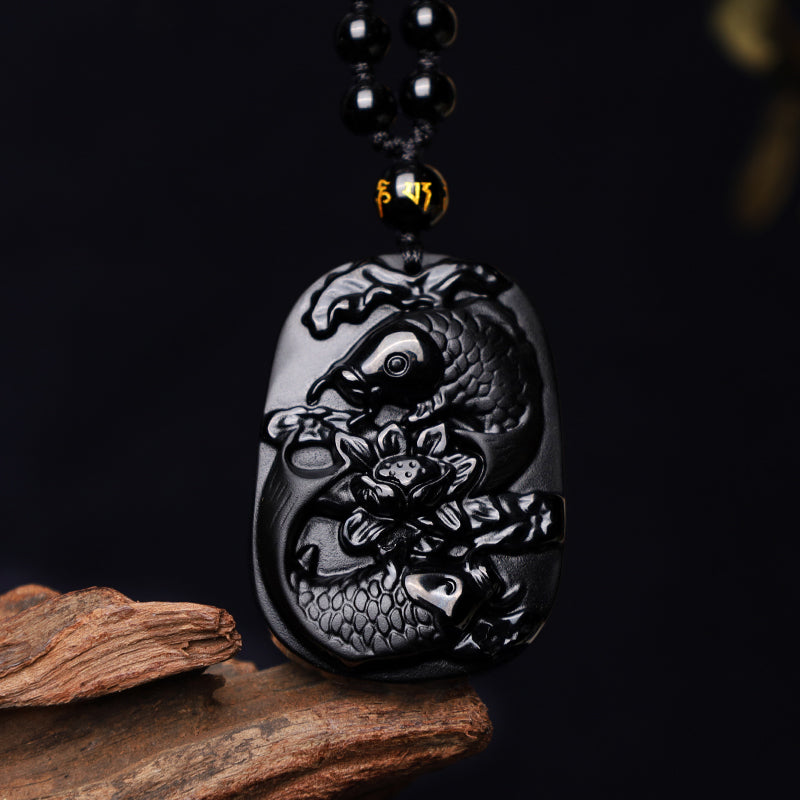 Natural Black Obsidian Koi Fish Lotus Strength Beaded Necklace Pendant
