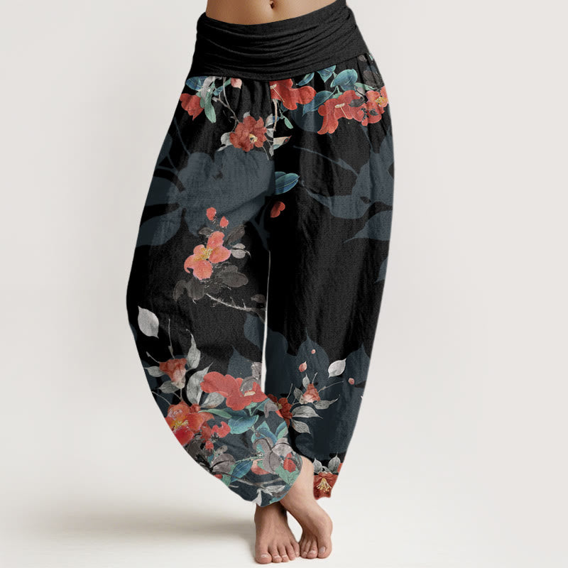 Red Flowers Green Leaves Bird Women's Elastic Waist Harem Pants
