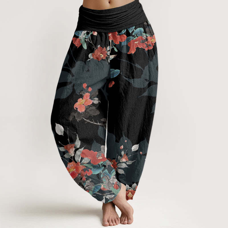 Red Flowers Green Leaves Bird Women's Elastic Waist Harem Pants