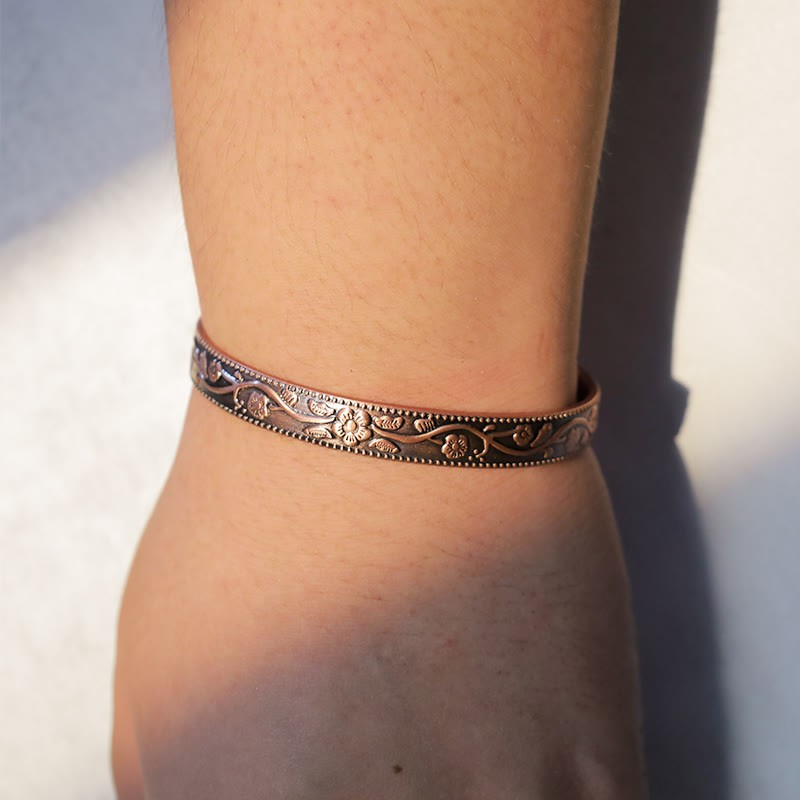 Floral Magnetic Copper Adjustable Cuff Bracelet Bangle