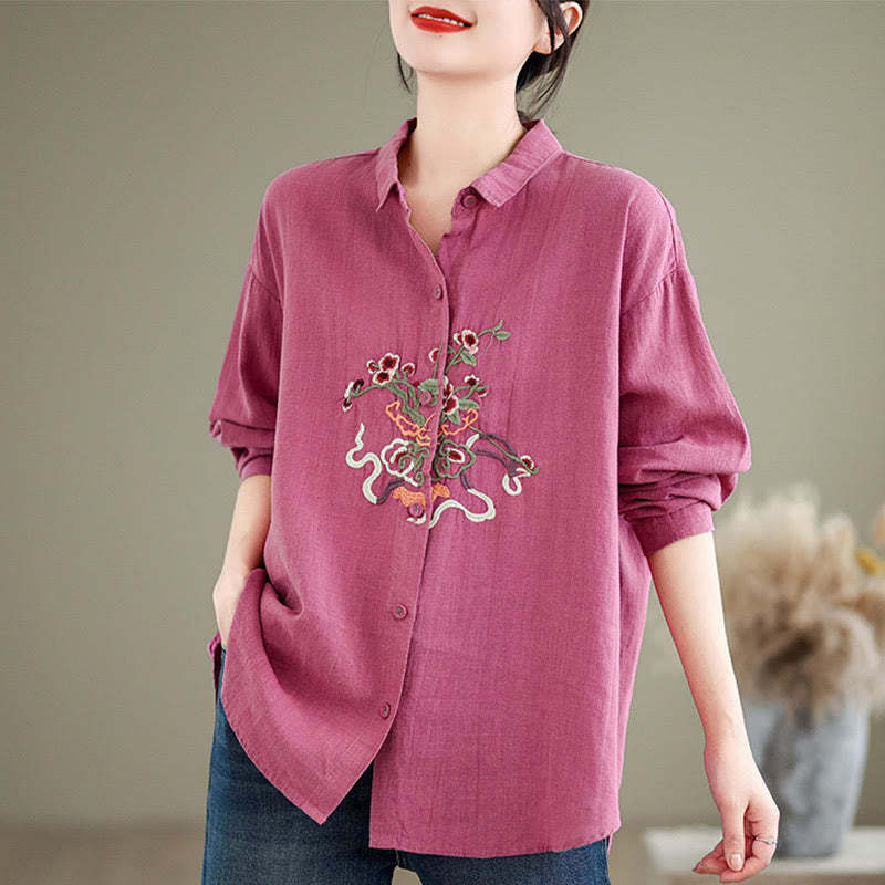 Flower Embroidery Long Sleeve Cotton Linen Women's Shirts