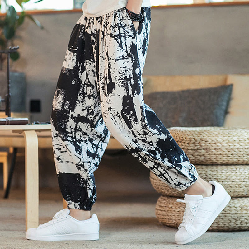 Black White Ink Design Cotton Linen Drawstring Men's Harem Pants With Pockets