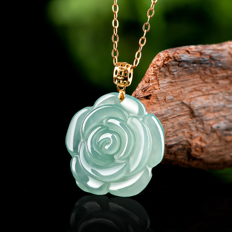 18K Gold 925 Sterling Silver Natural Jade Rose Luck Necklace Pendant
