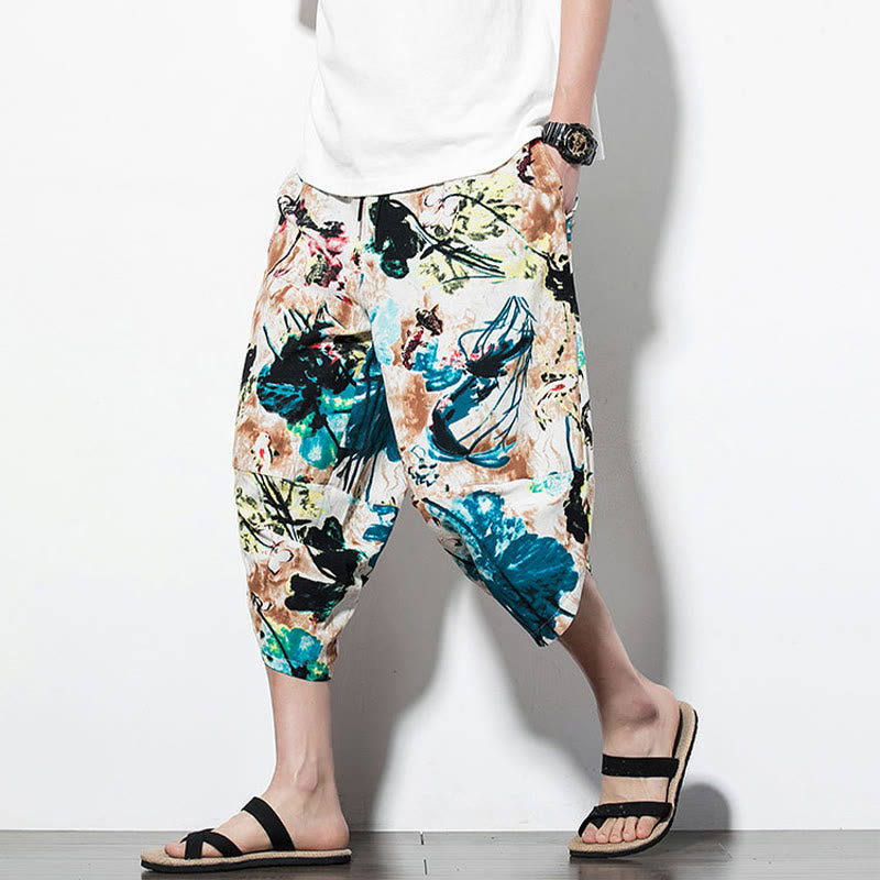 Flowers Leaves Brown Blue Painting Print Cotton Men's Long Cropped Harem Pants With Pockets