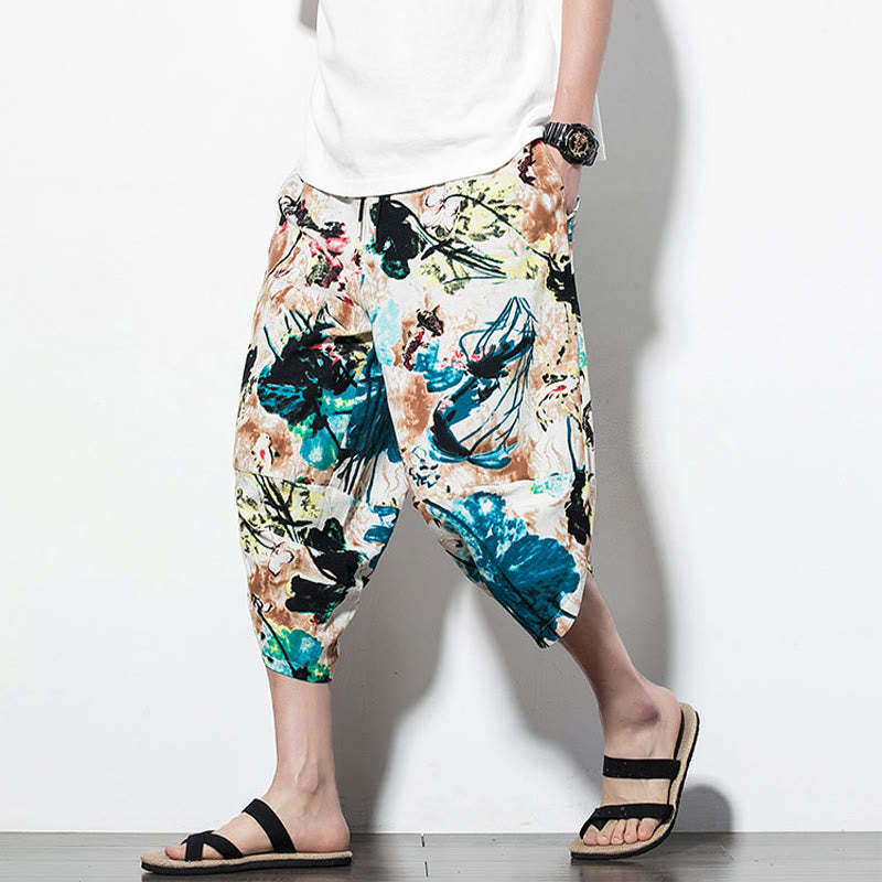 Flowers Leaves Brown Blue Painting Print Cotton Men's Long Cropped Harem Pants With Pockets