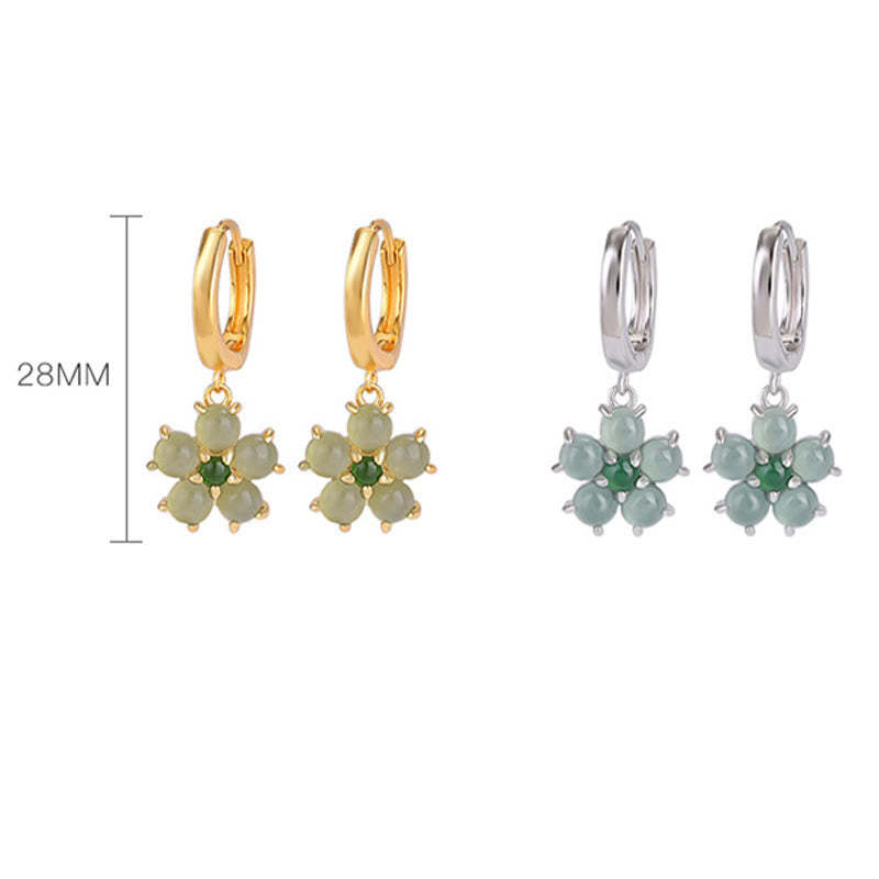 925 Sterling Silver Plated Gold Green Jade Flower Design Luck Prosperity Earrings