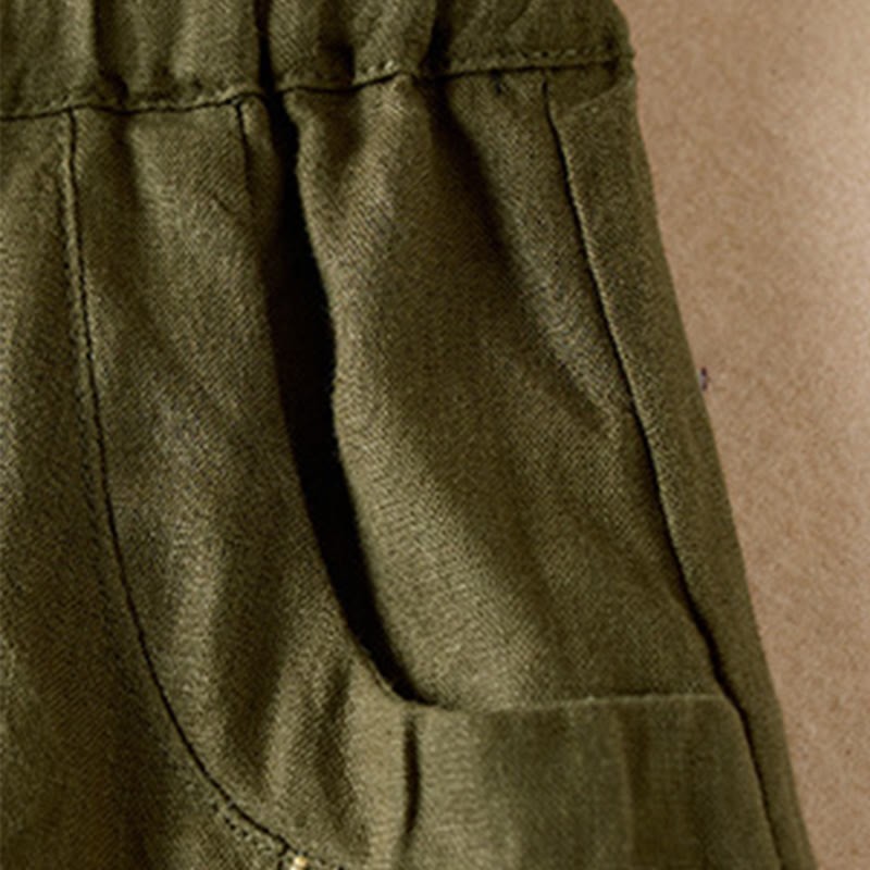 Wild Simple Design Embroidery Drawstring Cotton Linen Women's Shorts With Pockets
