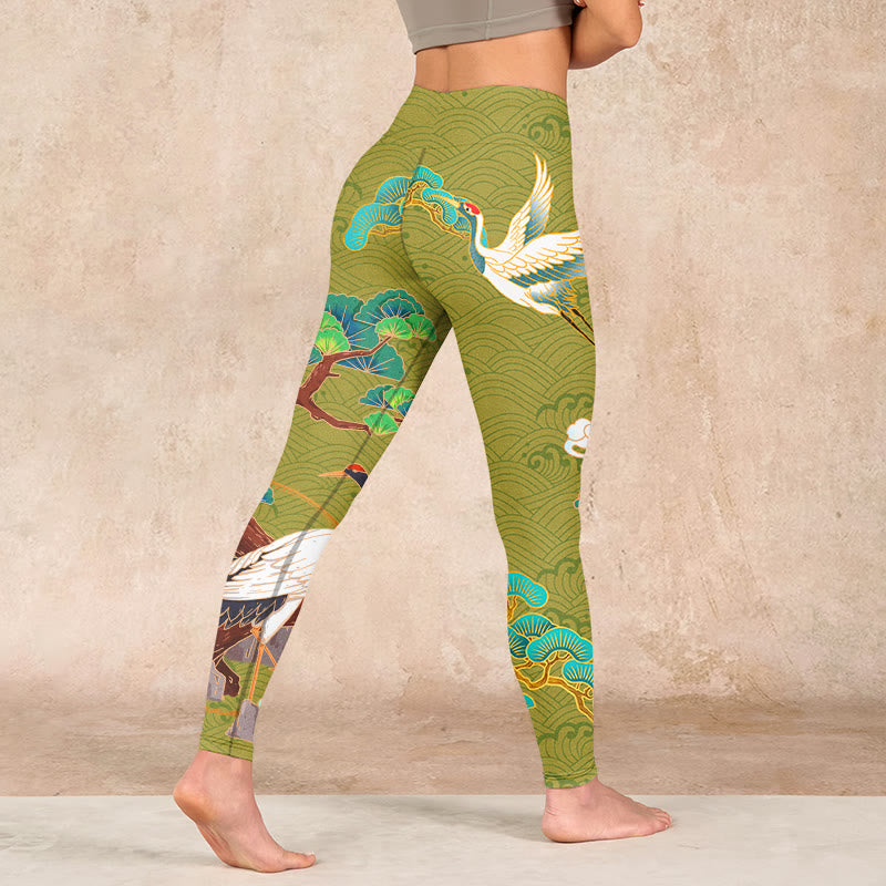 Flying Cranes Auspicious Clouds Trees Print Gym Leggings Women's Yoga Pants