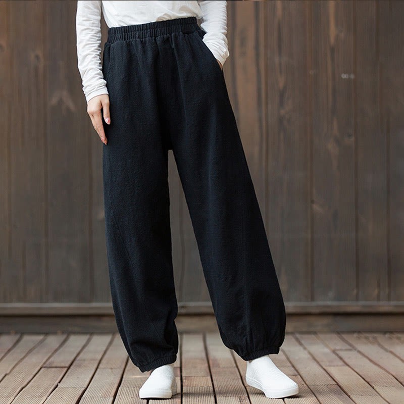 Casual Solid Plain Color Carrot Elastic Waistband Cotton Ramie Women's Pants With Pockets