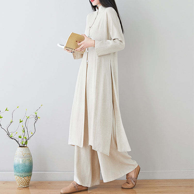 2Pcs Chinese Frog Button Design Zen Tai Chi Meditation Clothing Cotton Linen Top Pants Women's Set