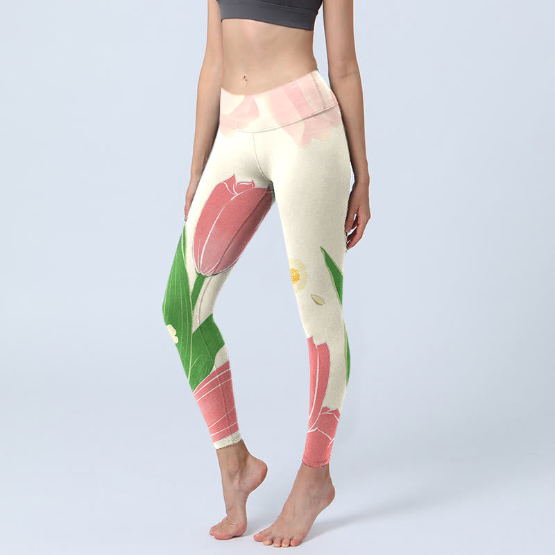 Pink Tulip Flower Print Gym Fitness Leggings Women's Yoga Pants
