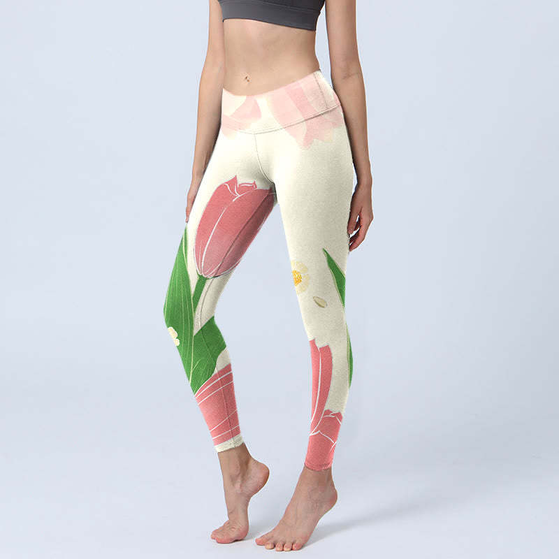Pink Tulip Flower Print Gym Fitness Leggings Women's Yoga Pants