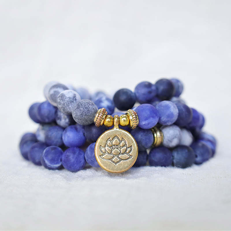 108 Natural Picasso Jasper & Blue Stone Mala Bead Lotus Pendant Bracelet