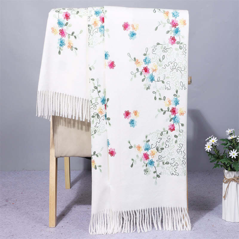 Rayon Fabric Shawl Colorful Small Flowers Embroidery Tassel Winter Cozy Travel Scarf Wrap