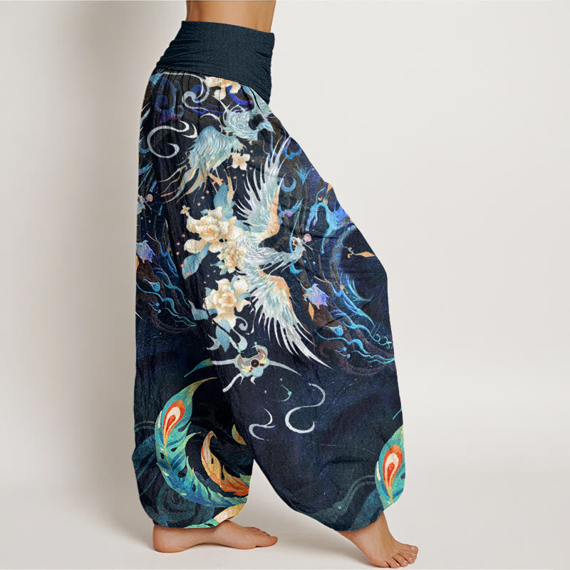 Phoenix Flower Pattern Women's Elastic Waist Harem Pants