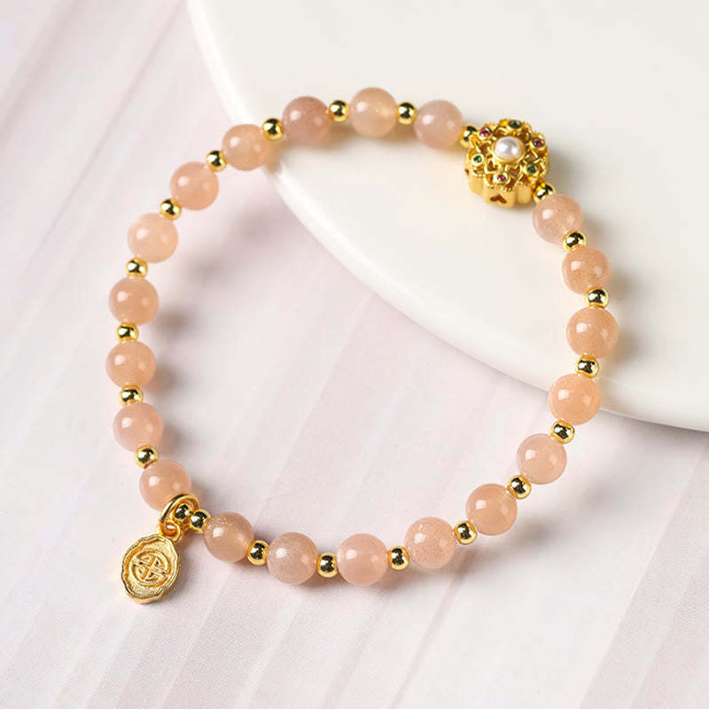14K Gold Plated Natural Strawberry Quartz Labradorite Sun Stone Fu Character Positive Charm Bracelet