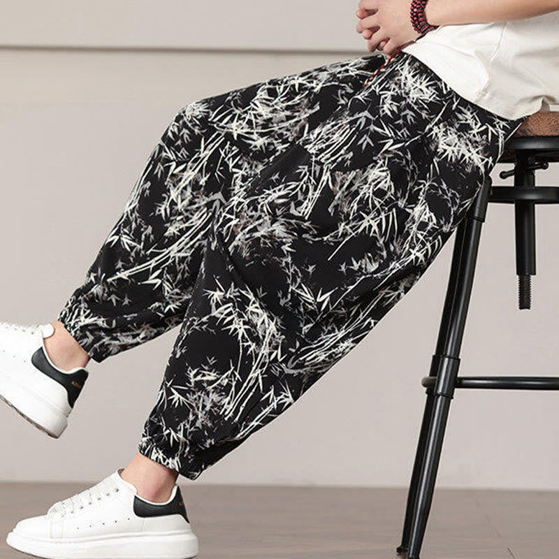 Bamboo Leaf Pattern Drawstring Men's Harem Pants With Pockets