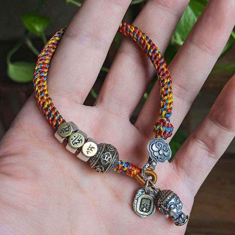 Handmade Tibetan 925 Sterling Silver Chinese Zodiac Natal mystic zen Zakiram Goddess of Wealth Protection Multicolored Rope Braided Bracelet