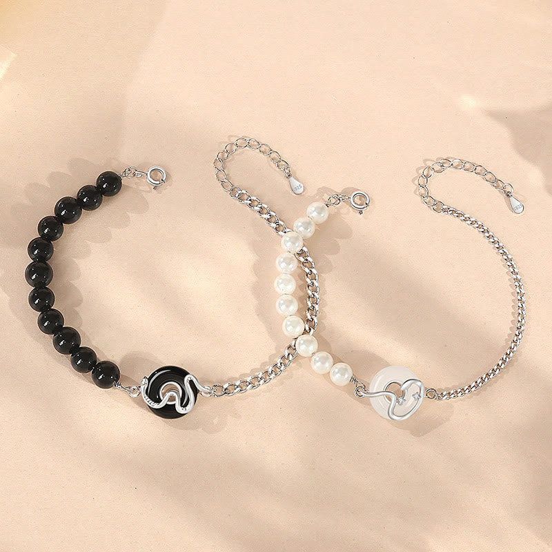 Black Obsidian Black Onyx Chalcedony Peace Buckle 925 Sterling Silver Year Of The Snake Pearl Purification Couple's Bracelet