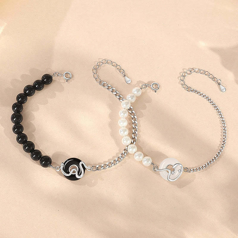 Black Obsidian Black Onyx Chalcedony Peace Buckle 925 Sterling Silver Year Of The Snake Pearl Purification Couple's Bracelet