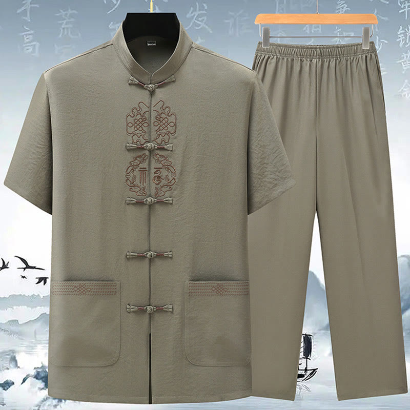 Fu Character Chinese Knotting Embroidery Tang Suit Traditional Short Sleeve Top Pants Clothing Men's Set