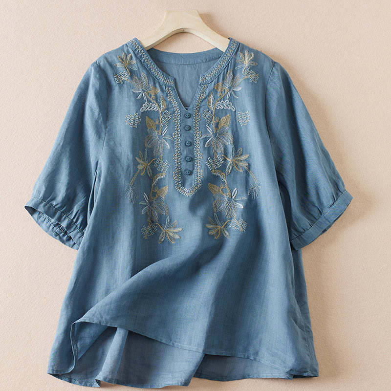 Casual Embroidery Plants Women's V-Neck Design Half Sleeve Cotton Blended Shirt