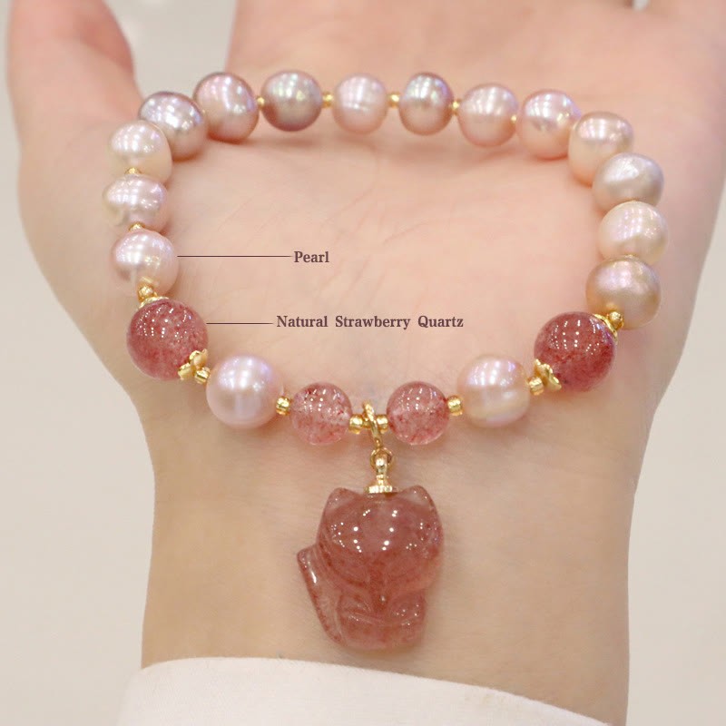 Natural Pearl Strawberry Quartz Cute Fox Love Healing Charm Bracelet