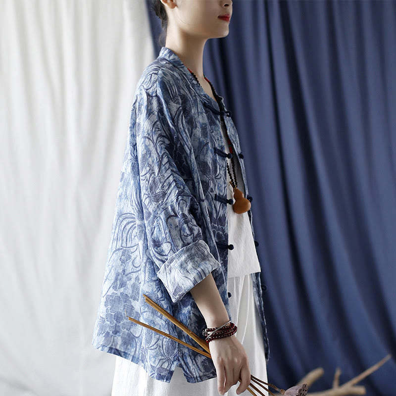 Retro Blue White Flowers Frog-Button Design Long Sleeve Ramie Linen Jacket Shirt