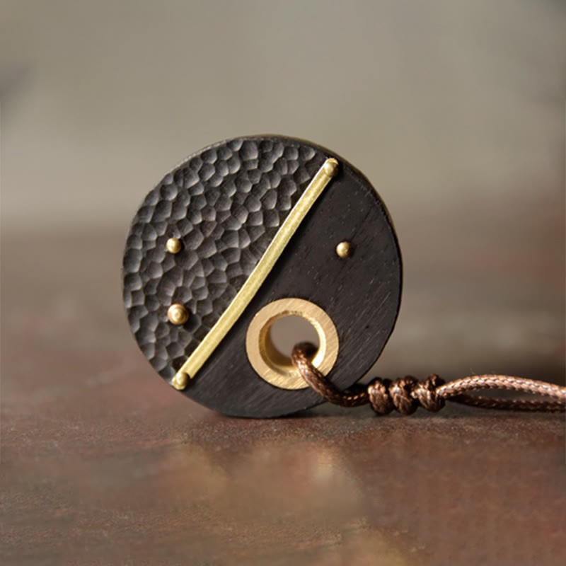 Handcrafted Round Ebony Wood Copper Peace Necklace Pendant