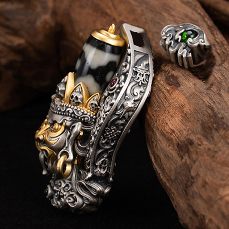 925 Sterling Silver Tibetan Zakiram Goddess of Wealth Dzi Bead Protection Necklace Pendant