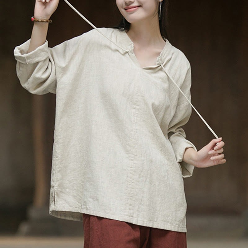 Retro Solid Color Long Sleeve Ramie Linen Women's Shirt