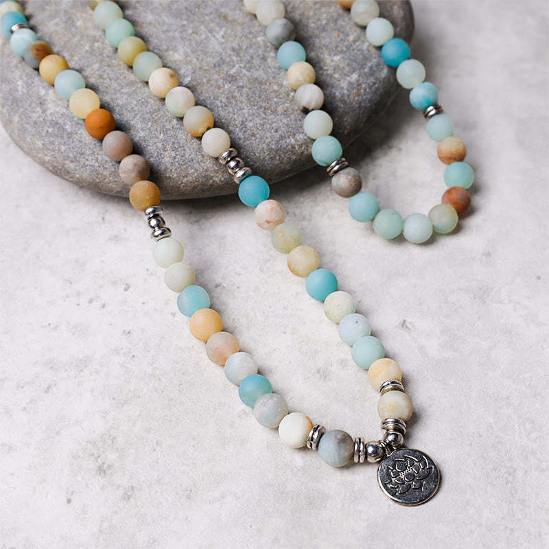 Tibetan Amazonite Stone Blessing Lotus Mala