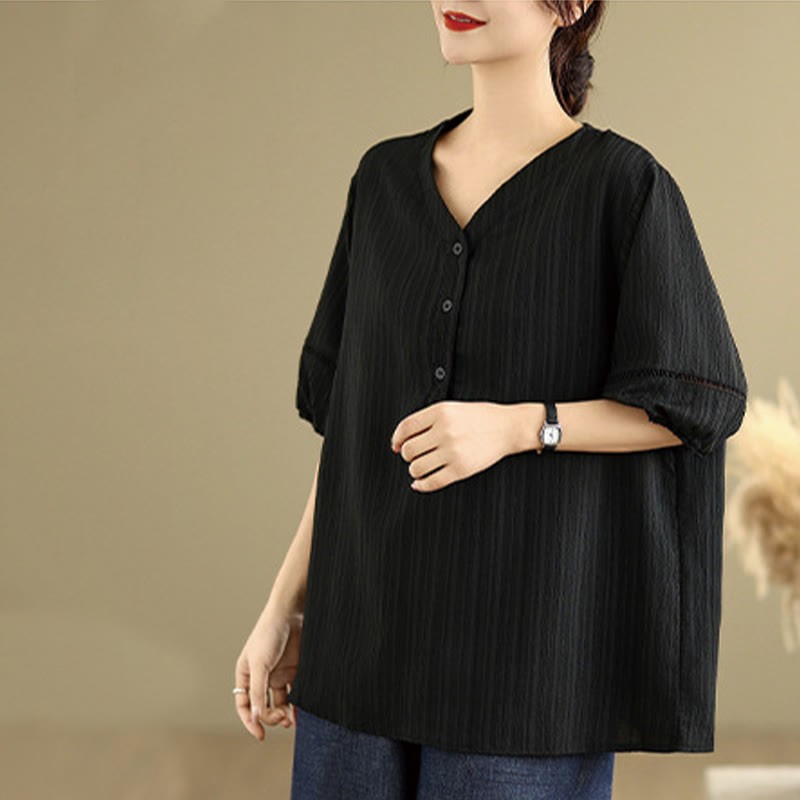 Summer Casual Pure Half Puff Sleeve Half Button V-neck Women's T-Shirt