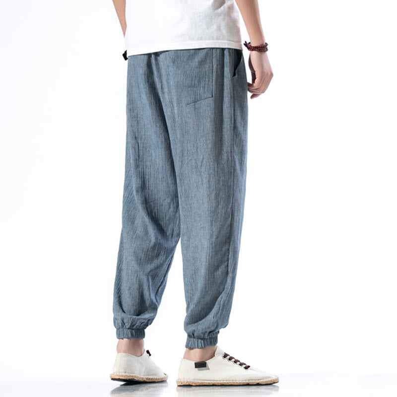 Casual Solid Color Drawstring Linen Men's Pants With Pockets